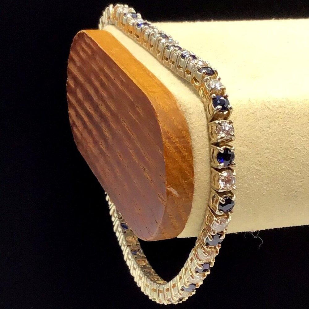 Sterling Silver Gold Plated Blue Sapphire Tennis Bracelet Vintage 12.9g 4mm 7”